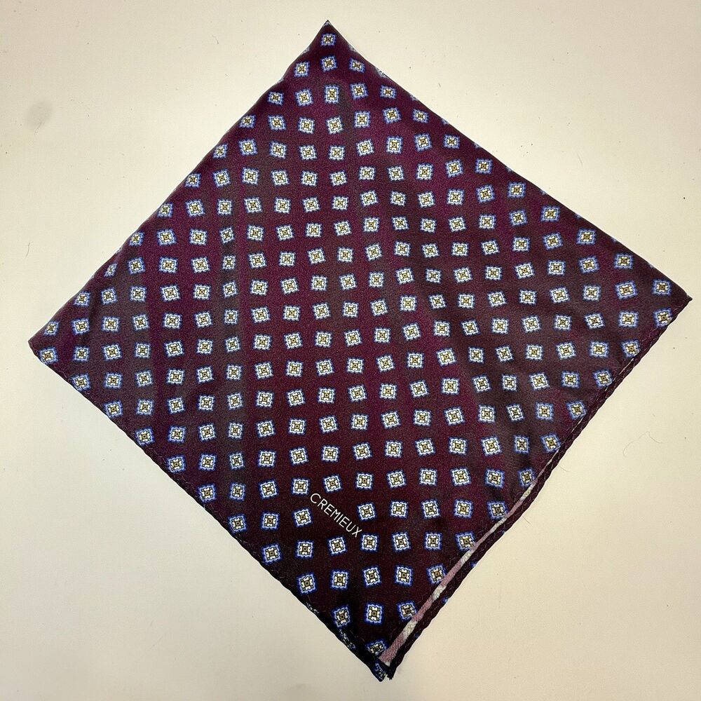 Cremieux Blue White Plum Purple Geometric Pattern 100% Silk Pocket Square New